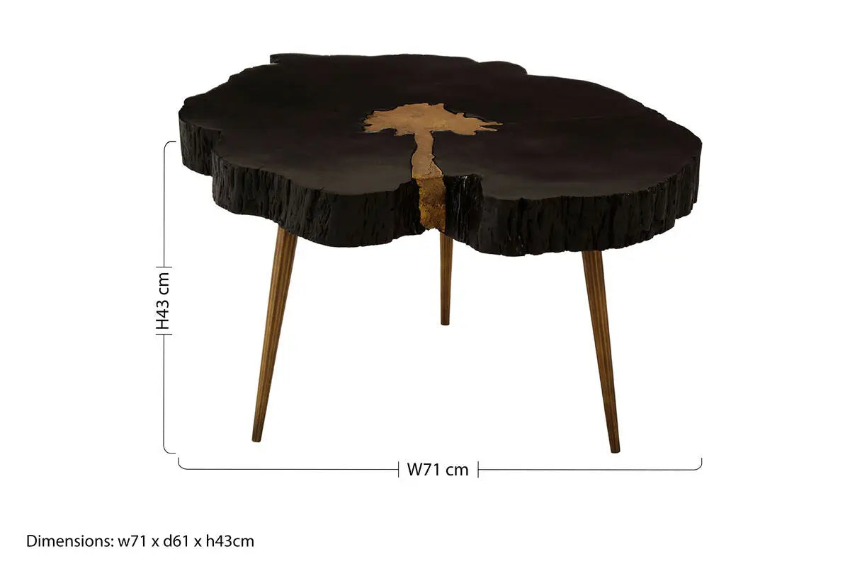 Asamra Black Acacia Wood Live Edge Coffee Table with Gold Finish Legs