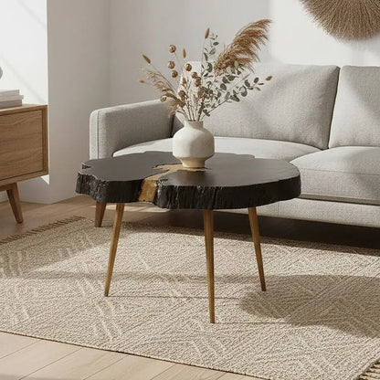 Asamra Black Acacia Wood Live Edge Coffee Table with Gold Finish Legs
