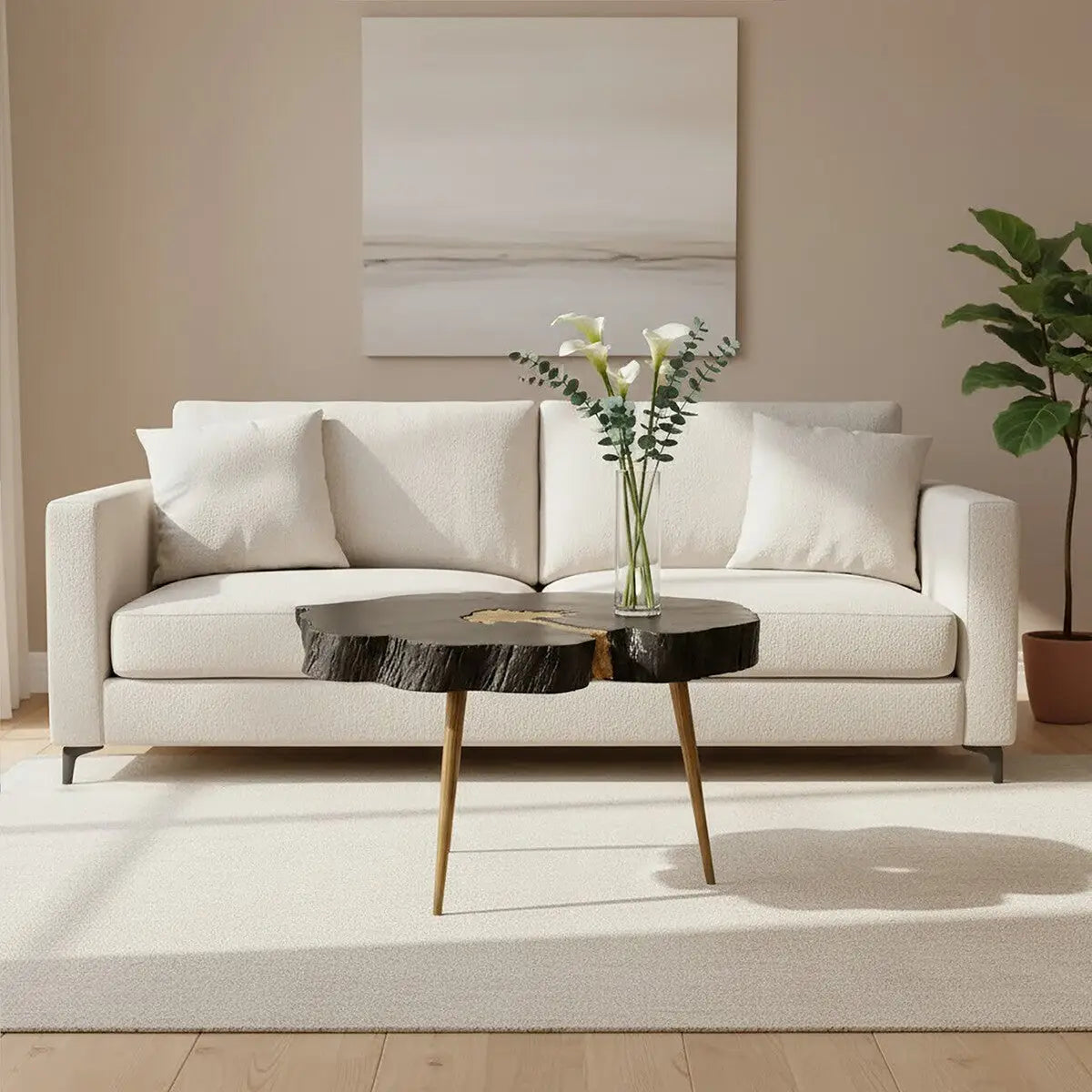 Asamra Black Acacia Wood Live Edge Coffee Table with Gold Finish Legs