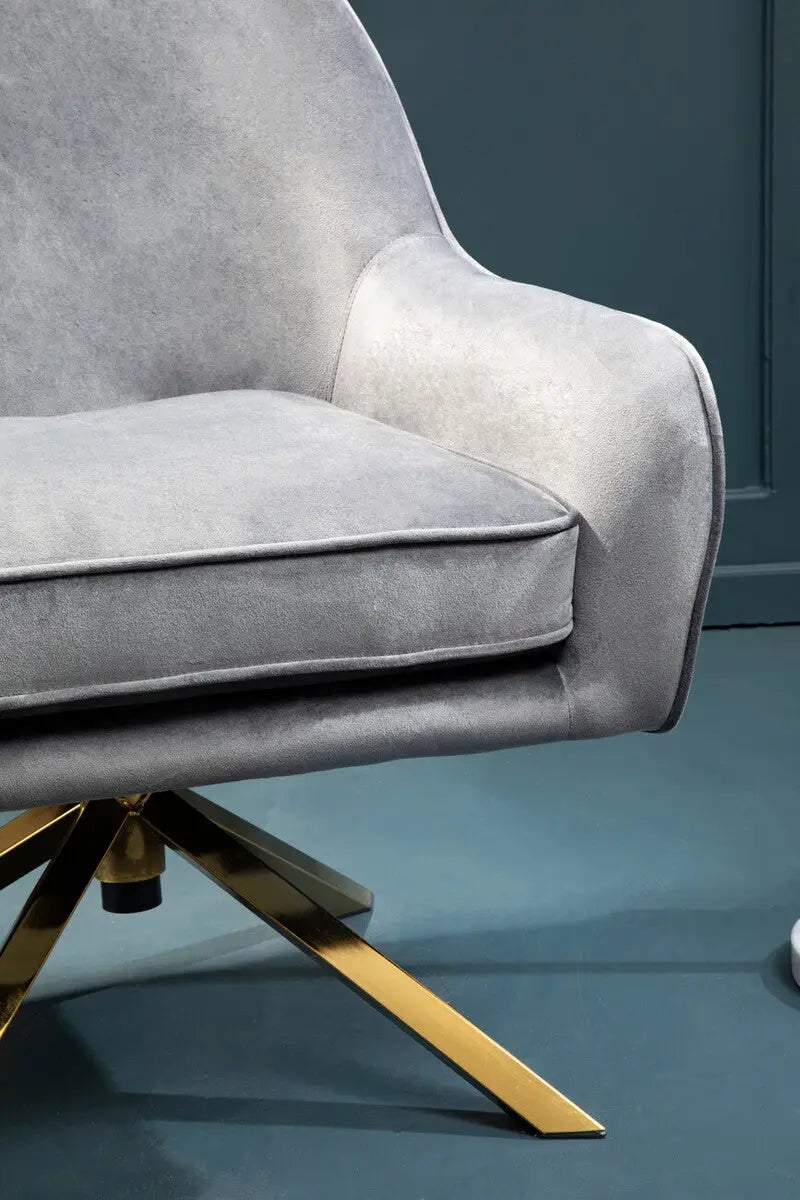 Avery Grey Velvet Swivel Chair with Gold Finish Base