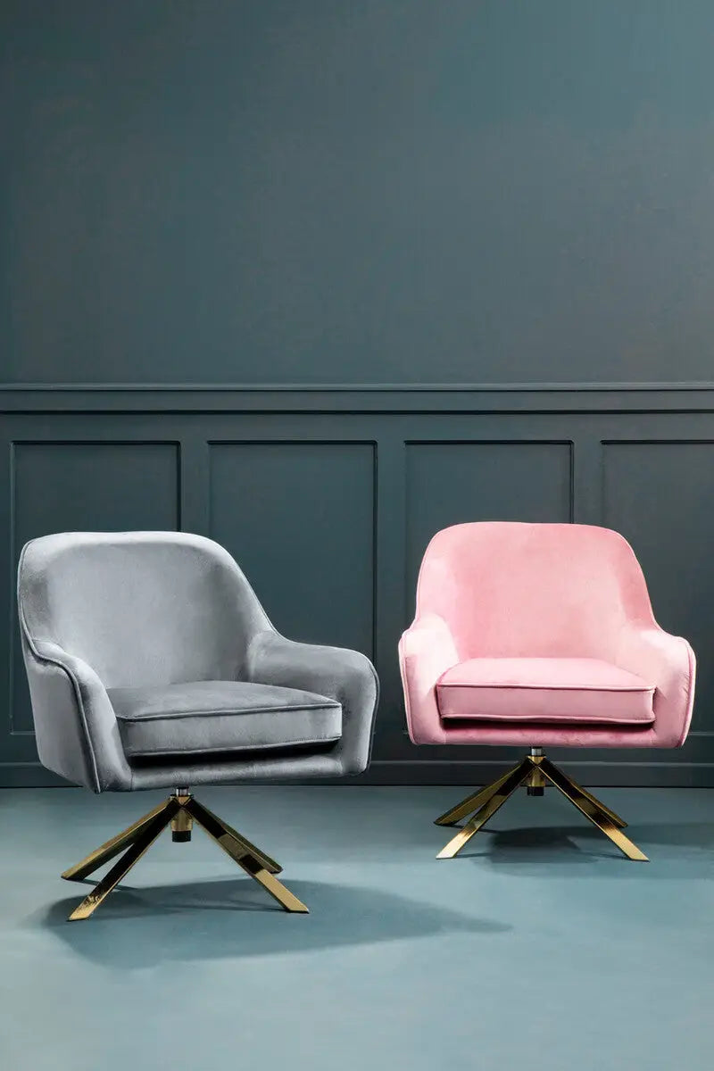 Avery Grey Velvet Swivel Chair with Gold Finish Base