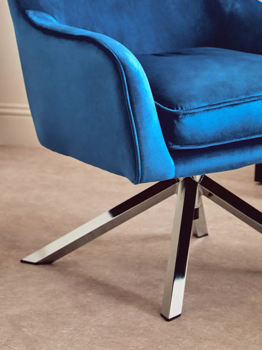 Avery Midnight Blue Velvet Swivel Chair with Chrome Finish Base