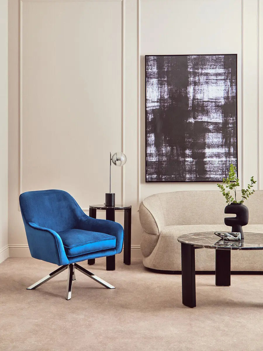 Avery Midnight Blue Velvet Swivel Chair with Chrome Finish Base