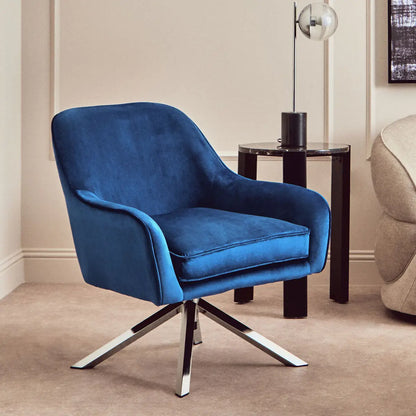 Avery Midnight Blue Velvet Swivel Chair with Chrome Finish Base
