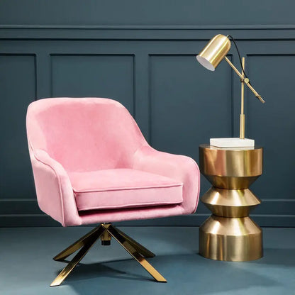 Avery Pink Velvet Swivel Chair with Brushed Gold Finish Base