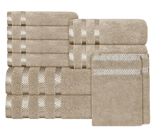Belmont Viscose Stripe Beige Towels 100% Cotton Hotel Quality Super Absorbent 10 Piece Bale Set 4 Hand Towel & 12 Face