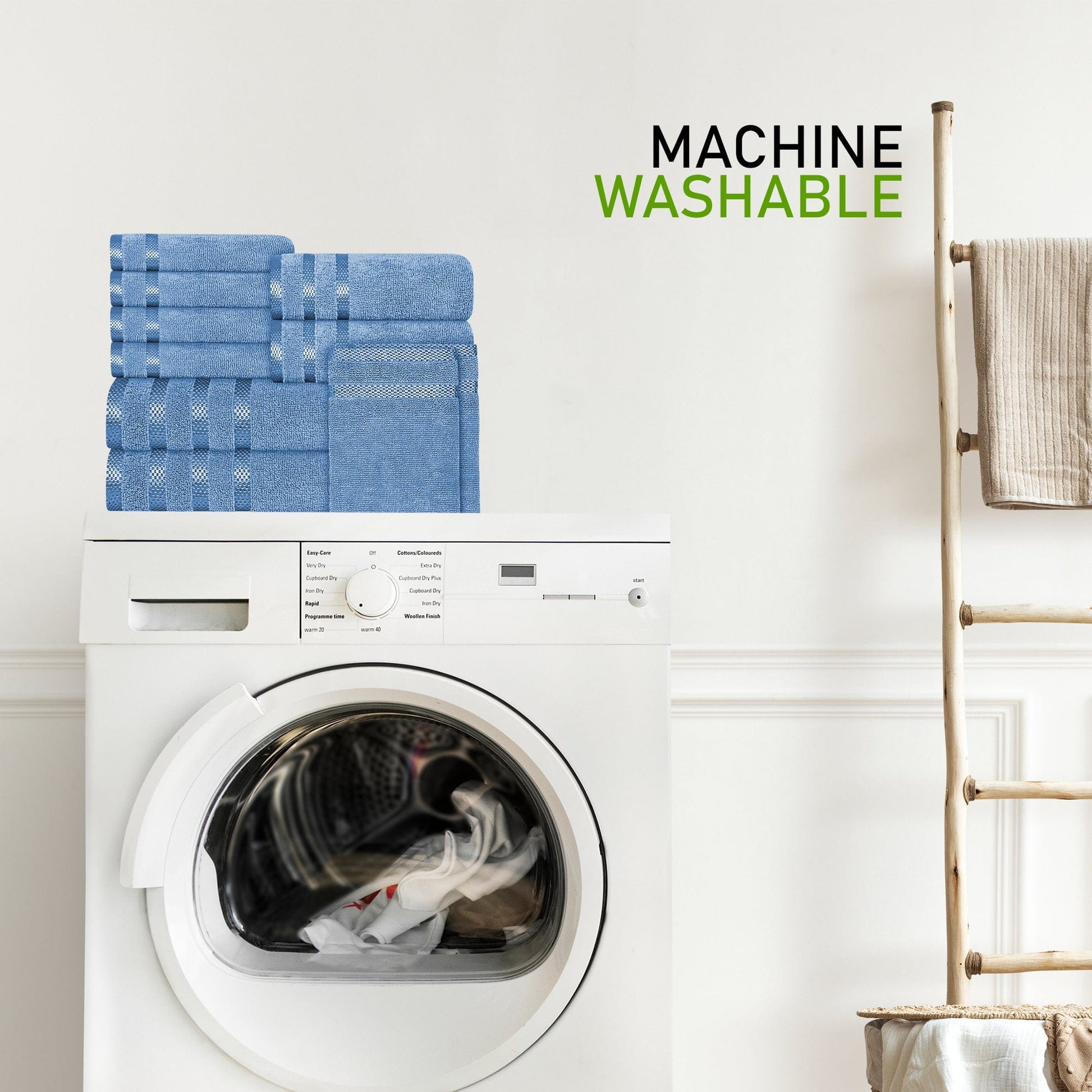 Belmont Viscose Stripe Blue Towels 100% Cotton Hotel Quality Super Absorbent 10 Piece Bale Set 4 Hand Towel & 12 Face