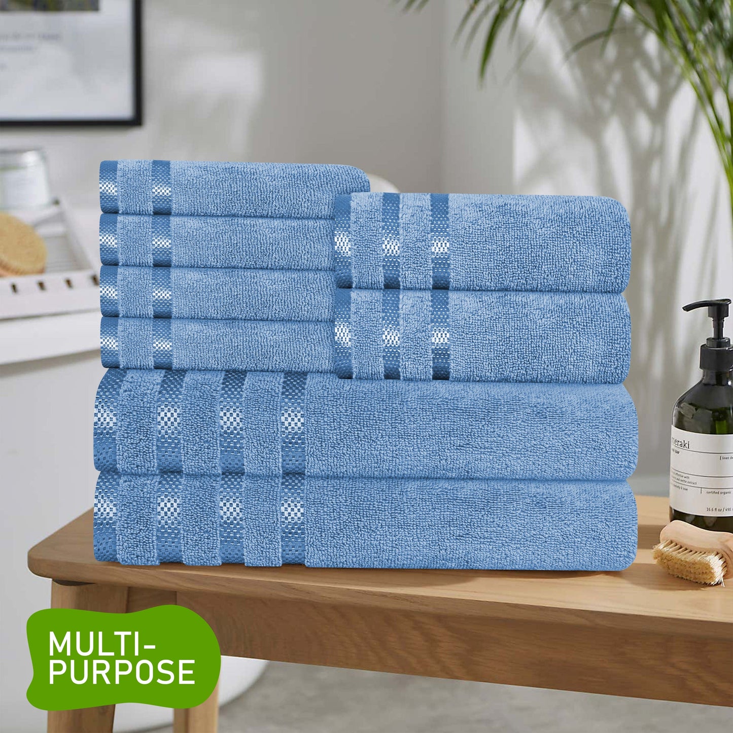 Belmont Viscose Stripe Blue Towels 100% Cotton Hotel Quality Super Absorbent 10 Piece Bale Set 4 Hand Towel & 12 Face