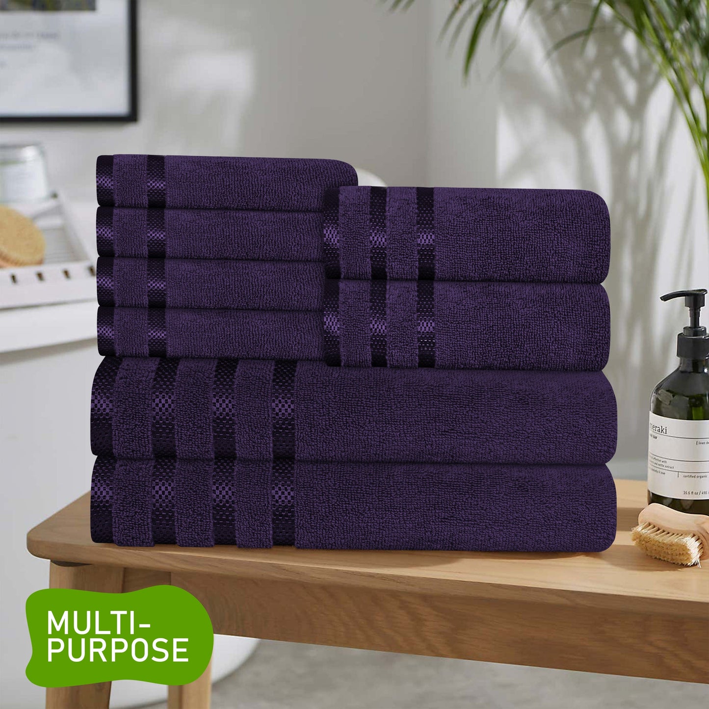 Belmont Viscose Stripe Purple Towels 100% Cotton Hotel Quality Super Absorbent 10 Piece Bale Set 4 Hand Towel & 12 Face