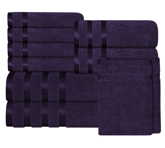 Belmont Viscose Stripe Purple Towels 100% Cotton Hotel Quality Super Absorbent 10 Piece Bale Set 4 Hand Towel & 12 Face