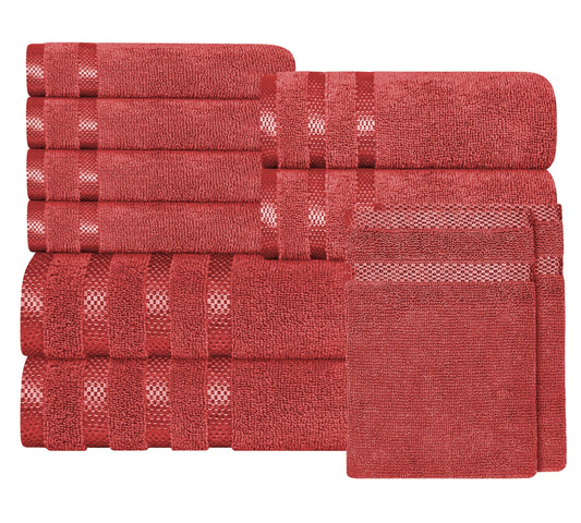 Belmont Viscose Stripe Red Towels 100% Cotton Hotel Quality Super Absorbent 10 Piece Bale Set 4 Hand Towel & 12 Face