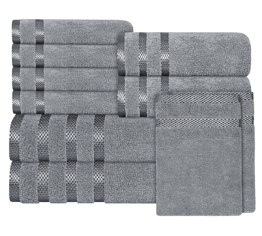 Belmont Viscose Stripe Silver Towels 100% Cotton Hotel Quality Super Absorbent 10 Piece Bale Set 4 Hand Towel & 12 Face