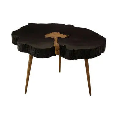 Black Acacia wood Slice Side Table with Gold Metallic Centre and Aluminium Legs, Asamra