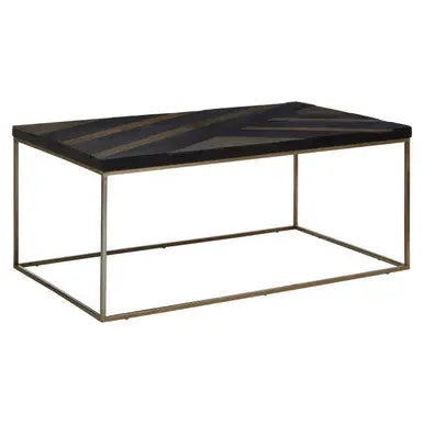 Black and Gold Striped Acacia wood Coffee Table with Interconnected Metal Legs, Aris