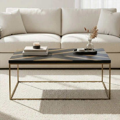 Black and Gold Striped Acacia wood Coffee Table with Interconnected Metal Legs, Aris