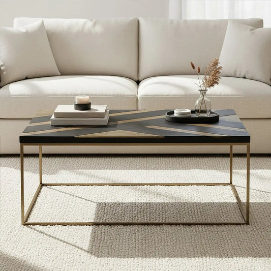 Black and Gold Striped Acacia wood Coffee Table with Interconnected Metal Legs, Aris