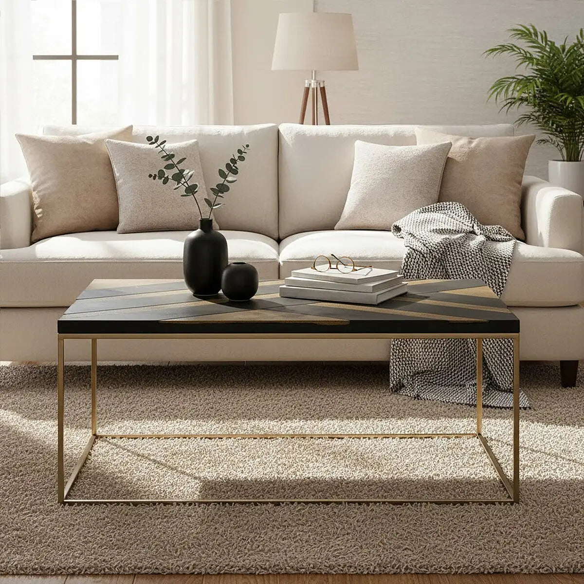 Black and Gold Striped Acacia wood Coffee Table with Interconnected Metal Legs, Aris