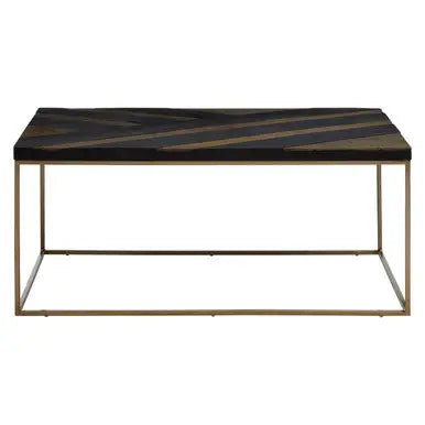 Black and Gold Striped Acacia wood Coffee Table with Interconnected Metal Legs, Aris