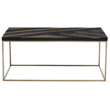 Black and Gold Striped Acacia wood Coffee Table with Interconnected Metal Legs, Aris