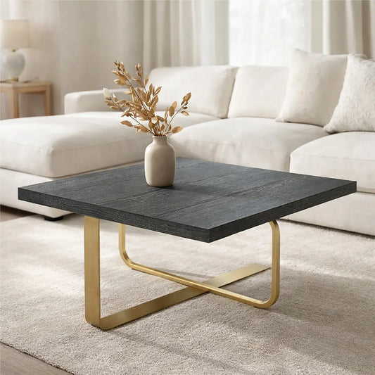 Black and Grey Square Coffee Table with Brushed Gold Base, Lena