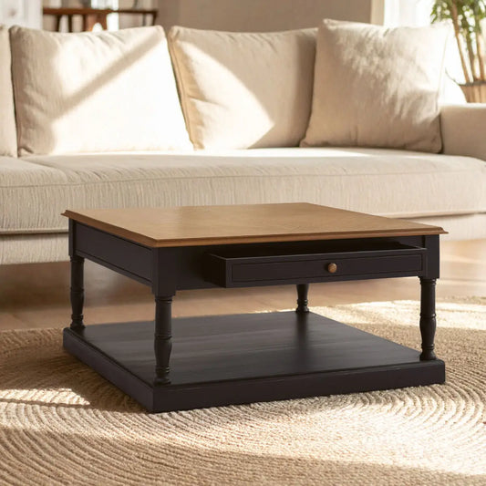 Black and Natural Wooden Coffee Table with 1 Slim Storage Drawer, Loire