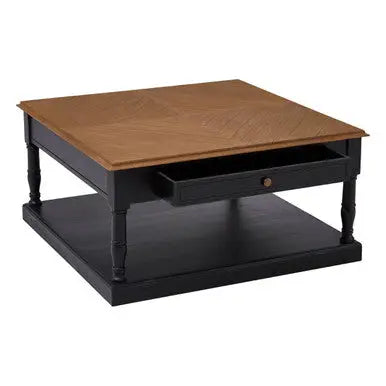 Black and Natural Wooden Coffee Table with 1 Slim Storage Drawer, Loire