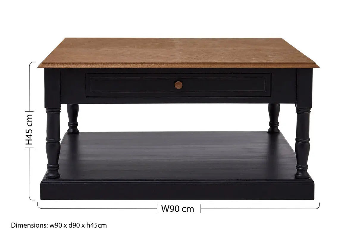 Black and Natural Wooden Coffee Table with 1 Slim Storage Drawer, Loire