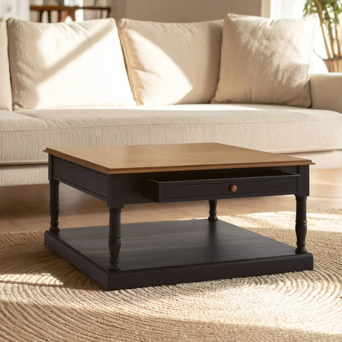 Black and Natural Wooden Coffee Table with 1 Slim Storage Drawer, Loire