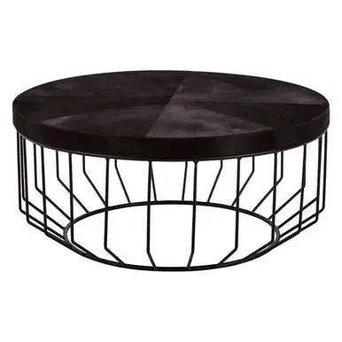 Black and Silver Hair-On-Hide Top Round Coffee Table with Black Frame, Kensington Townhouse