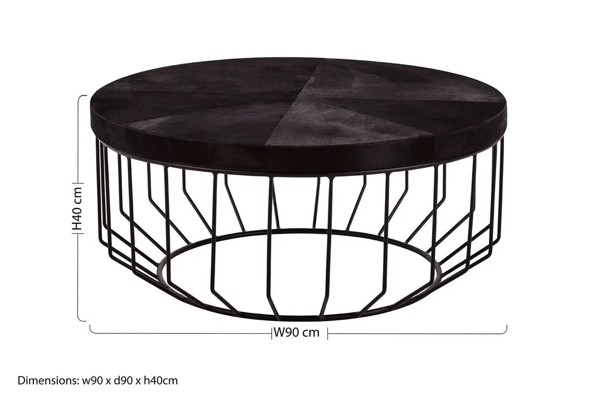 Black and Silver Hair-On-Hide Top Round Coffee Table with Black Frame, Kensington Townhouse