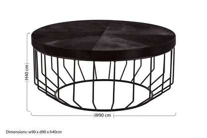 Black and Silver Hair-On-Hide Top Round Coffee Table with Black Frame, Kensington Townhouse