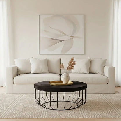 Black and Silver Hair-On-Hide Top Round Coffee Table with Black Frame, Kensington Townhouse