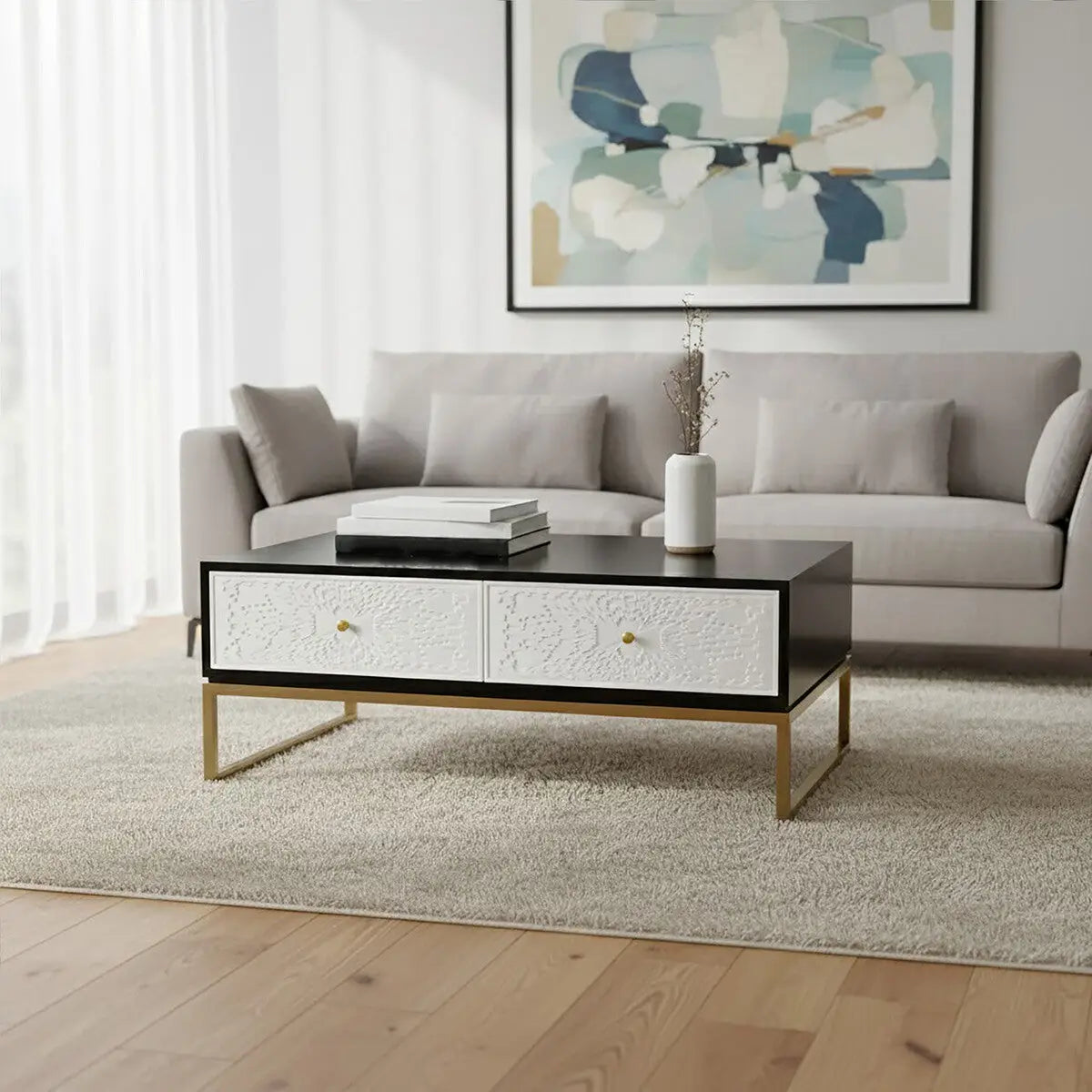 Black and White 4 Drawer Warm Metallic Finish Coffee Table with Gold Knob Handle, Dumas