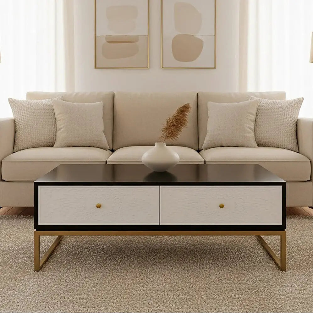 Black and White 4 Drawer Warm Metallic Finish Coffee Table with Gold Knob Handle, Dumas