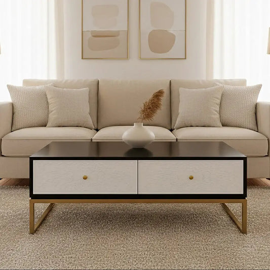 Black and White 4 Drawer Warm Metallic Finish Coffee Table with Gold Knob Handle, Dumas