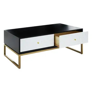 Black and White 4 Drawer Warm Metallic Finish Coffee Table with Gold Knob Handle, Dumas
