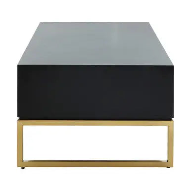 Black and White 4 Drawer Warm Metallic Finish Coffee Table with Gold Knob Handle, Dumas
