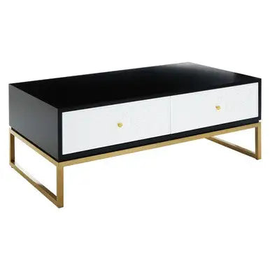 Black and White 4 Drawer Warm Metallic Finish Coffee Table with Gold Knob Handle, Dumas
