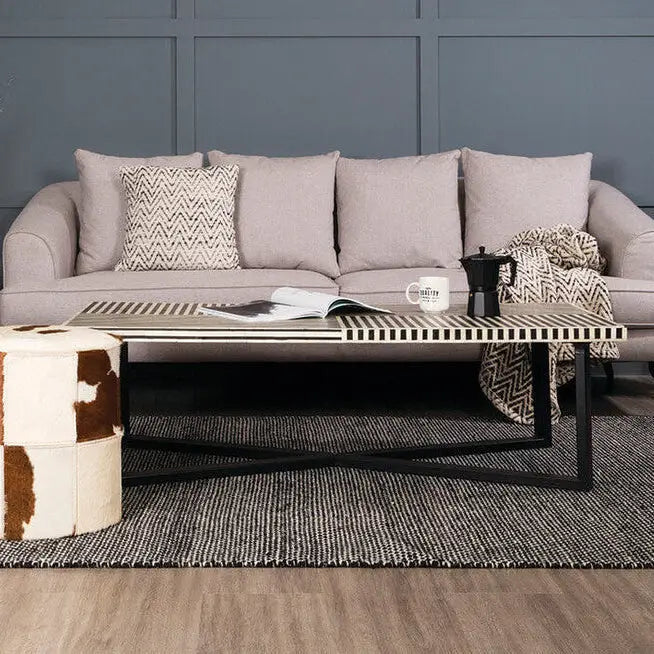 Black and White Buffalo Bone Inlay Top Coffee Table with Black Metal Lattice Base, Boho