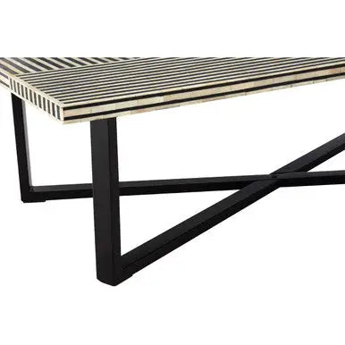 Black and White Buffalo Bone Inlay Top Coffee Table with Black Metal Lattice Base, Boho