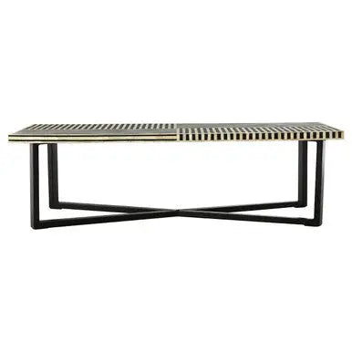 Black and White Buffalo Bone Inlay Top Coffee Table with Black Metal Lattice Base, Boho