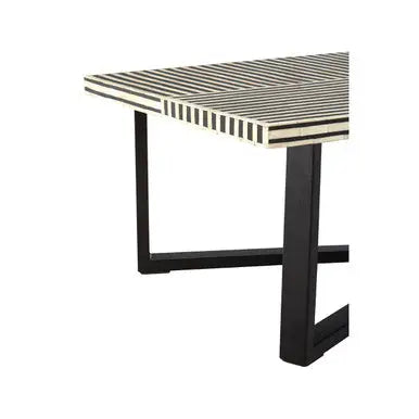 Black and White Buffalo Bone Inlay Top Coffee Table with Black Metal Lattice Base, Boho