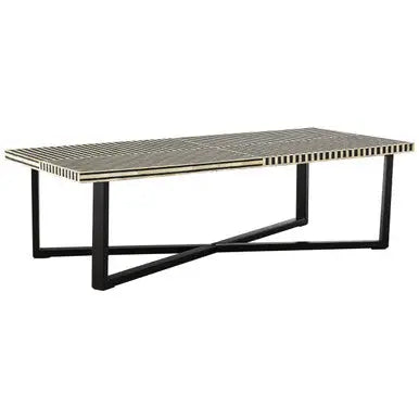 Black and White Buffalo Bone Inlay Top Coffee Table with Black Metal Lattice Base, Boho
