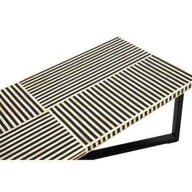 Black and White Buffalo Bone Inlay Top Coffee Table with Black Metal Lattice Base, Boho