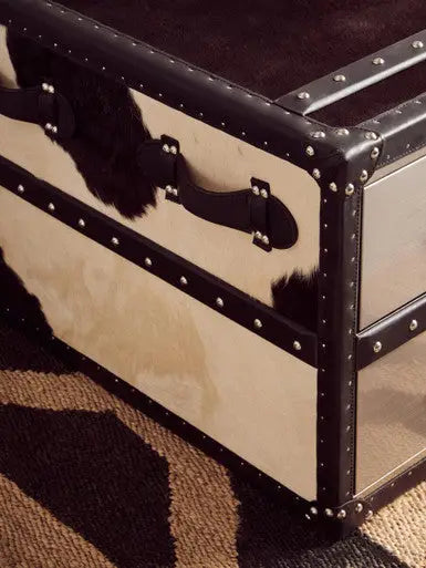 Black and White Cowhide Coffee Table with 3 Drawers and Leather Trim, Kensington Townhouse