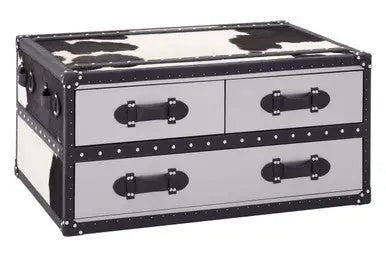Black and White Cowhide Coffee Table with 3 Drawers and Leather Trim, Kensington Townhouse