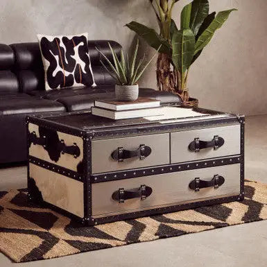 Black and White Cowhide Coffee Table with 3 Drawers and Leather Trim, Kensington Townhouse