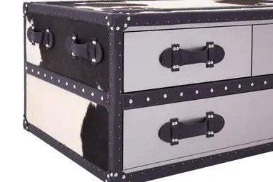 Black and White Cowhide Coffee Table with 3 Drawers and Leather Trim, Kensington Townhouse
