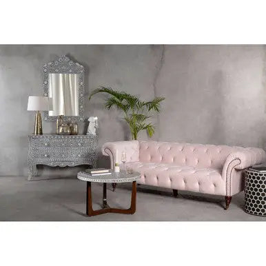Black and White Mother of Pearl Design Top Round Coffee Table with Wood Base, Fusion