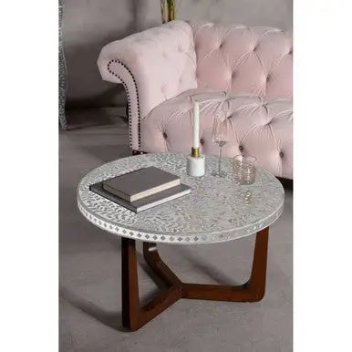 Black and White Mother of Pearl Design Top Round Coffee Table with Wood Base, Fusion
